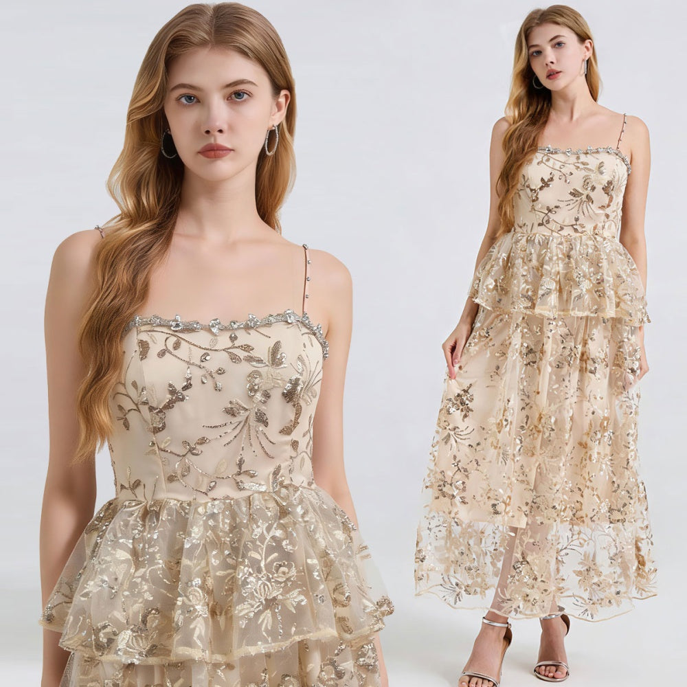 CM-DY065011 Women Elegant European Style Sequins Embroidered Sleeveless Long Dress - Gold