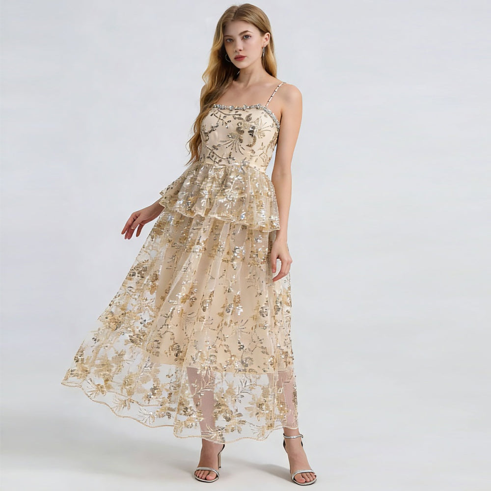 CM-DY065011 Women Elegant European Style Sequins Embroidered Sleeveless Long Dress - Gold