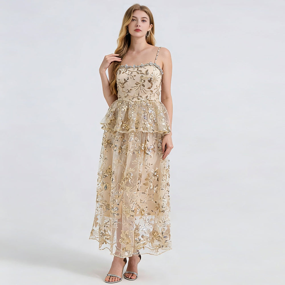CM-DY065011 Women Elegant European Style Sequins Embroidered Sleeveless Long Dress - Gold