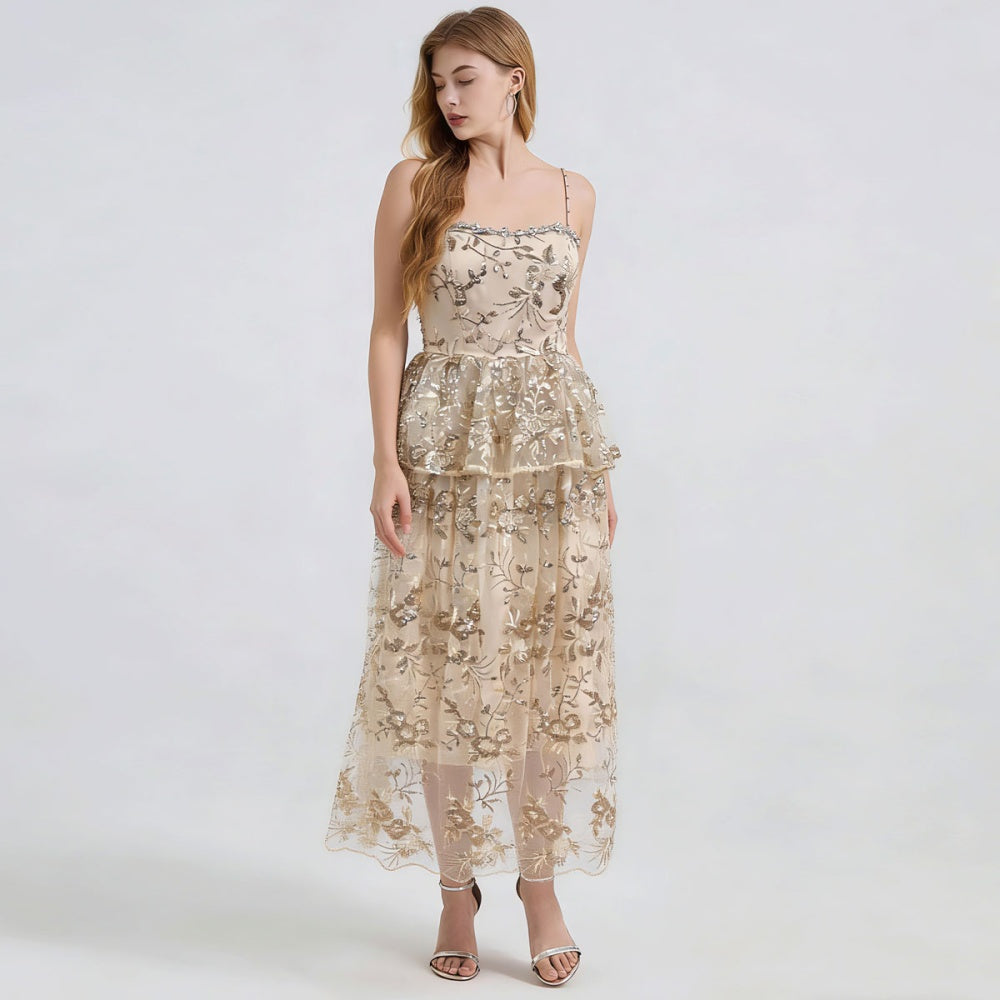 CM-DY065011 Women Elegant European Style Sequins Embroidered Sleeveless Long Dress - Gold