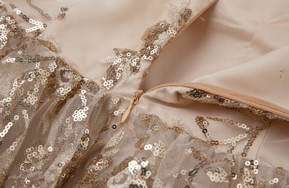 CM-DY065011 Women Elegant European Style Sequins Embroidered Sleeveless Long Dress - Gold