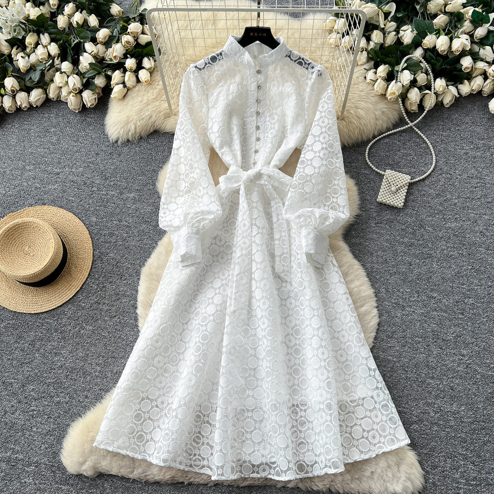CM-DY065446 Women Elegant European Style Embroidery Stand Collar Long Sleeve High Waist A-Line Dress (Available in 2 colors)