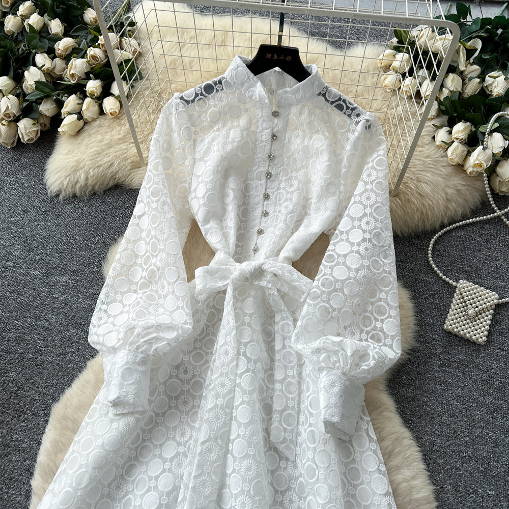 CM-DY065446 Women Elegant European Style Embroidery Stand Collar Long Sleeve High Waist A-Line Dress (Available in 2 colors)