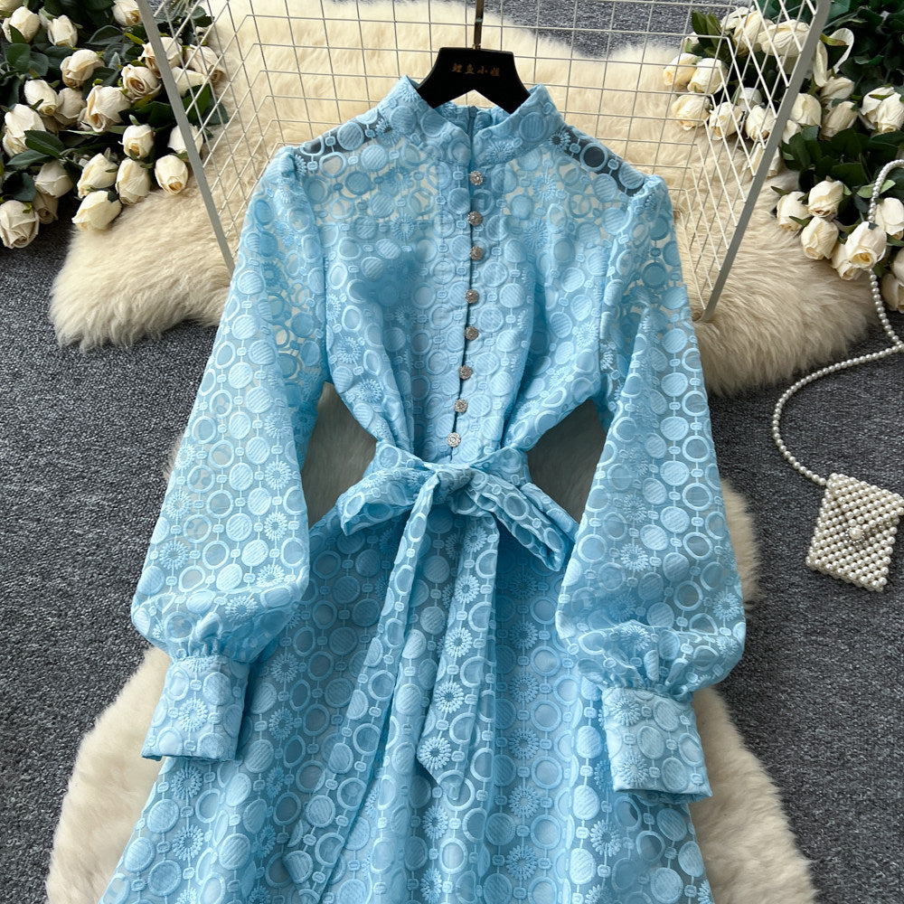 CM-DY065446 Women Elegant European Style Embroidery Stand Collar Long Sleeve High Waist A-Line Dress (Available in 2 colors)