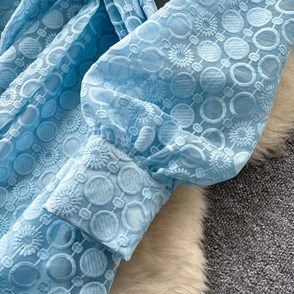 CM-DY065446 Women Elegant European Style Embroidery Stand Collar Long Sleeve High Waist A-Line Dress (Available in 2 colors)