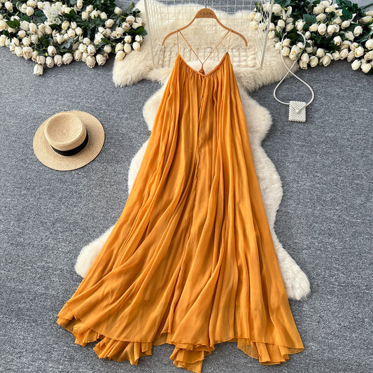 CM-DY065479 Women Elegant European Style Halter V-Neck Sleeveless Long Dress - Yellow
