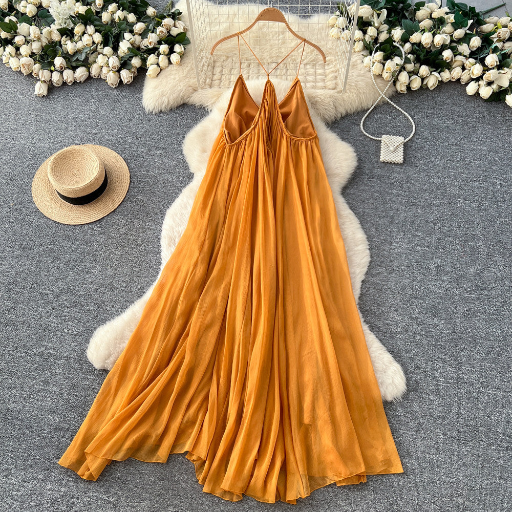CM-DY065479 Women Elegant European Style Halter V-Neck Sleeveless Long Dress - Yellow