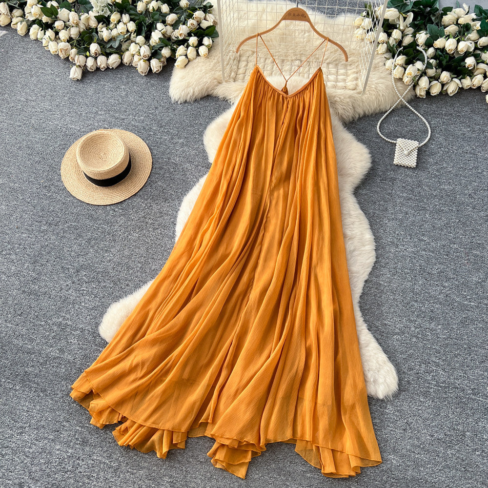 CM-DY065479 Women Elegant European Style Halter V-Neck Sleeveless Long Dress - Yellow