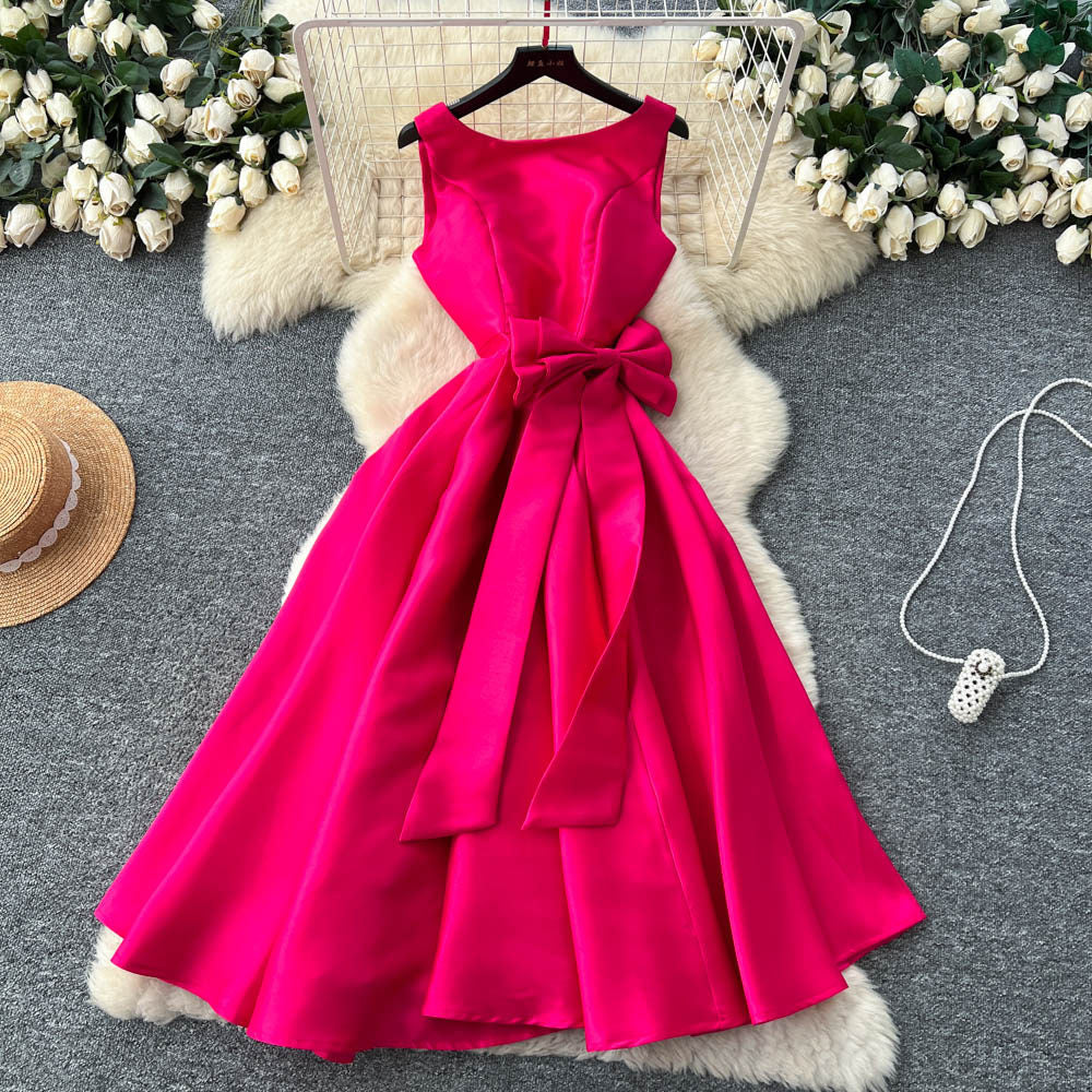 CM-DY065489 Women Elegant European Style Round Neck Sleeveless Pinched Waist A-Line Dress (Available in 4 colors)