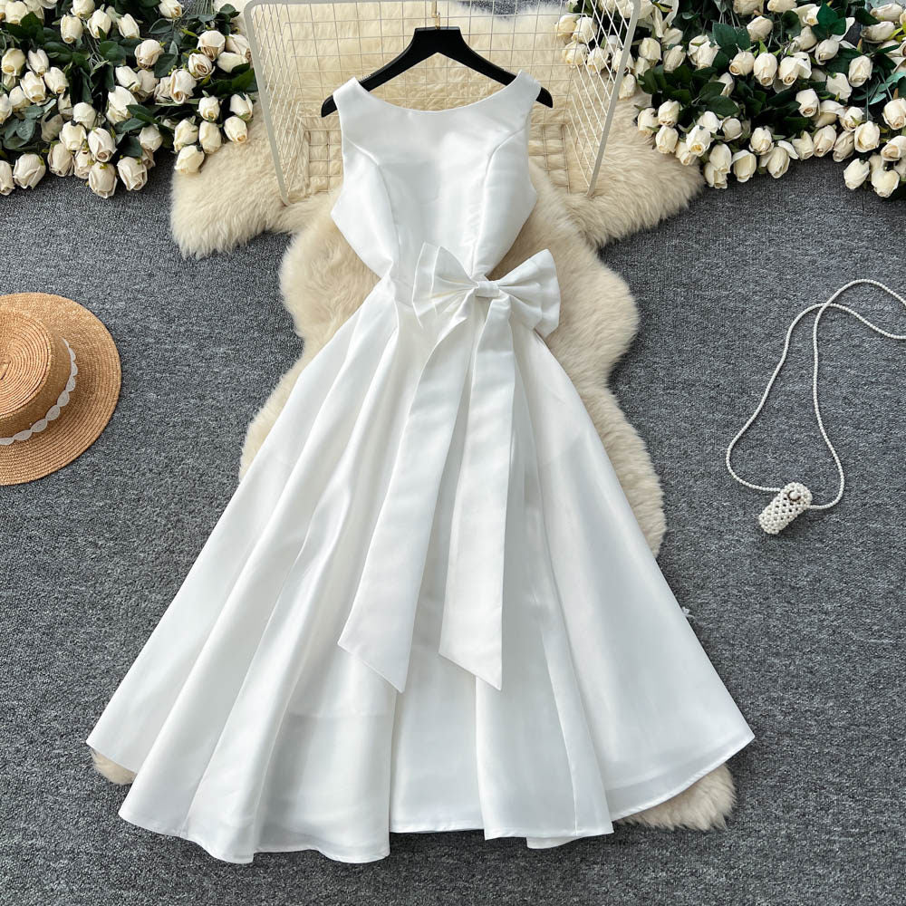 CM-DY065489 Women Elegant European Style Round Neck Sleeveless Pinched Waist A-Line Dress (Available in 4 colors)