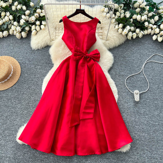 CM-DY065489 Women Elegant European Style Round Neck Sleeveless Pinched Waist A-Line Dress (Available in 4 colors)