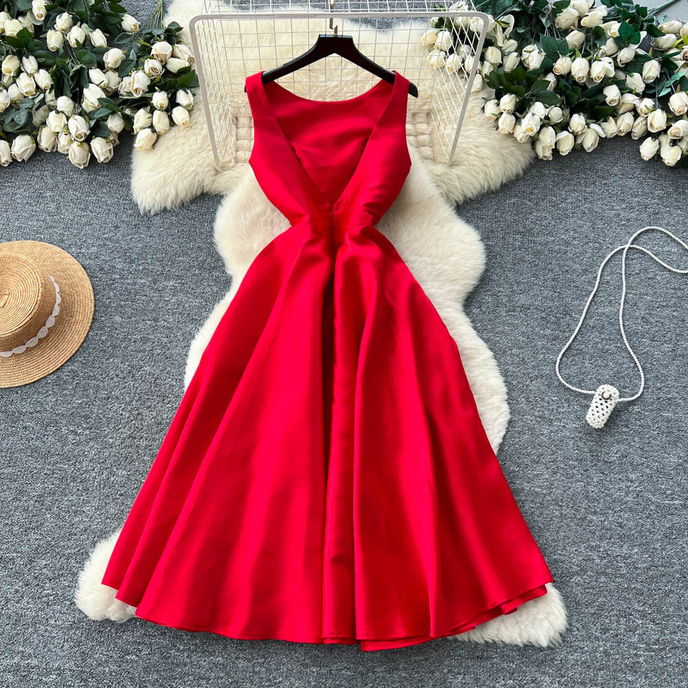 CM-DY065489 Women Elegant European Style Round Neck Sleeveless Pinched Waist A-Line Dress (Available in 4 colors)