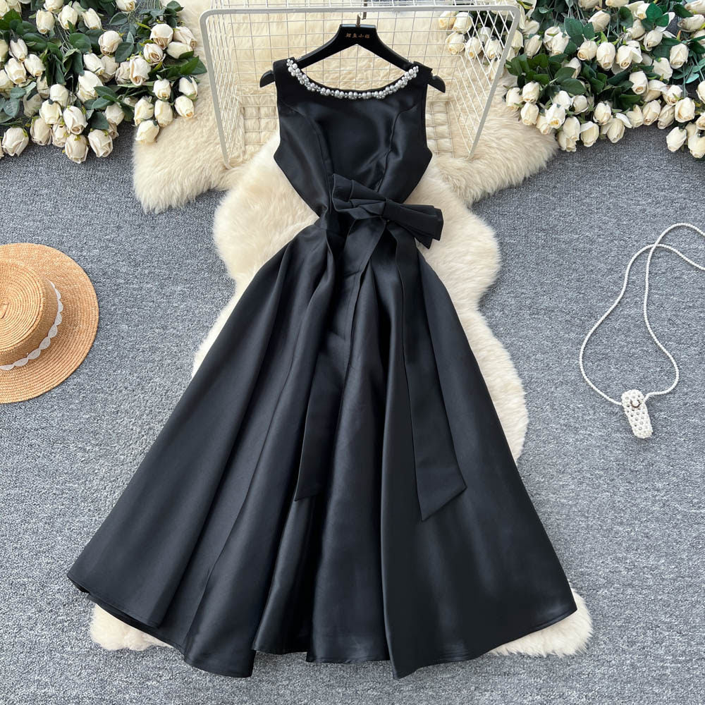 CM-DY065496 Women Elegant European Style Rhinestone Decor Round Neck Sleeveless High Waist Bow A-Line Dress (Available in 4 colors)