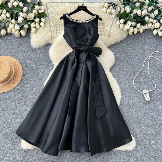 CM-DY065496 Women Elegant European Style Rhinestone Decor Round Neck Sleeveless High Waist Bow A-Line Dress (Available in 4 colors)