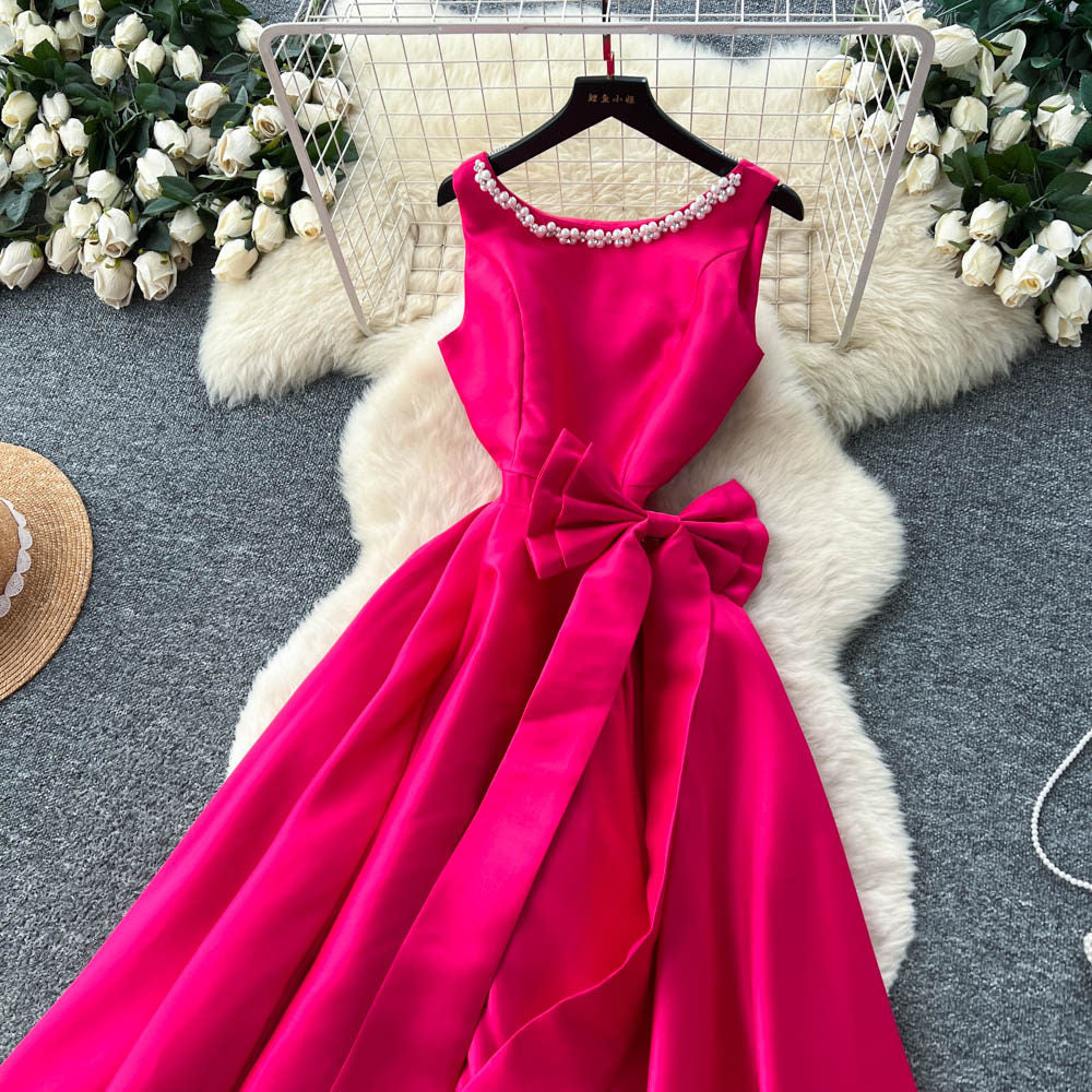CM-DY065496 Women Elegant European Style Rhinestone Decor Round Neck Sleeveless High Waist Bow A-Line Dress (Available in 4 colors)
