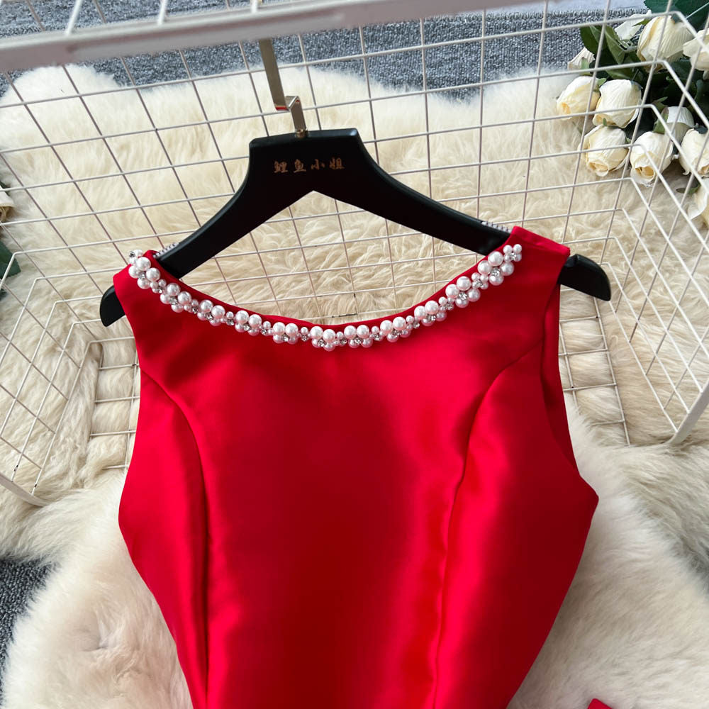 CM-DY065496 Women Elegant European Style Rhinestone Decor Round Neck Sleeveless High Waist Bow A-Line Dress (Available in 4 colors)