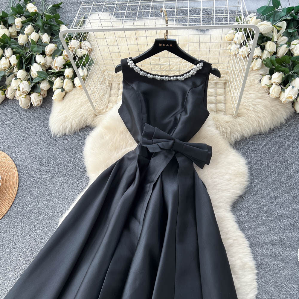 CM-DY065496 Women Elegant European Style Rhinestone Decor Round Neck Sleeveless High Waist Bow A-Line Dress (Available in 4 colors)