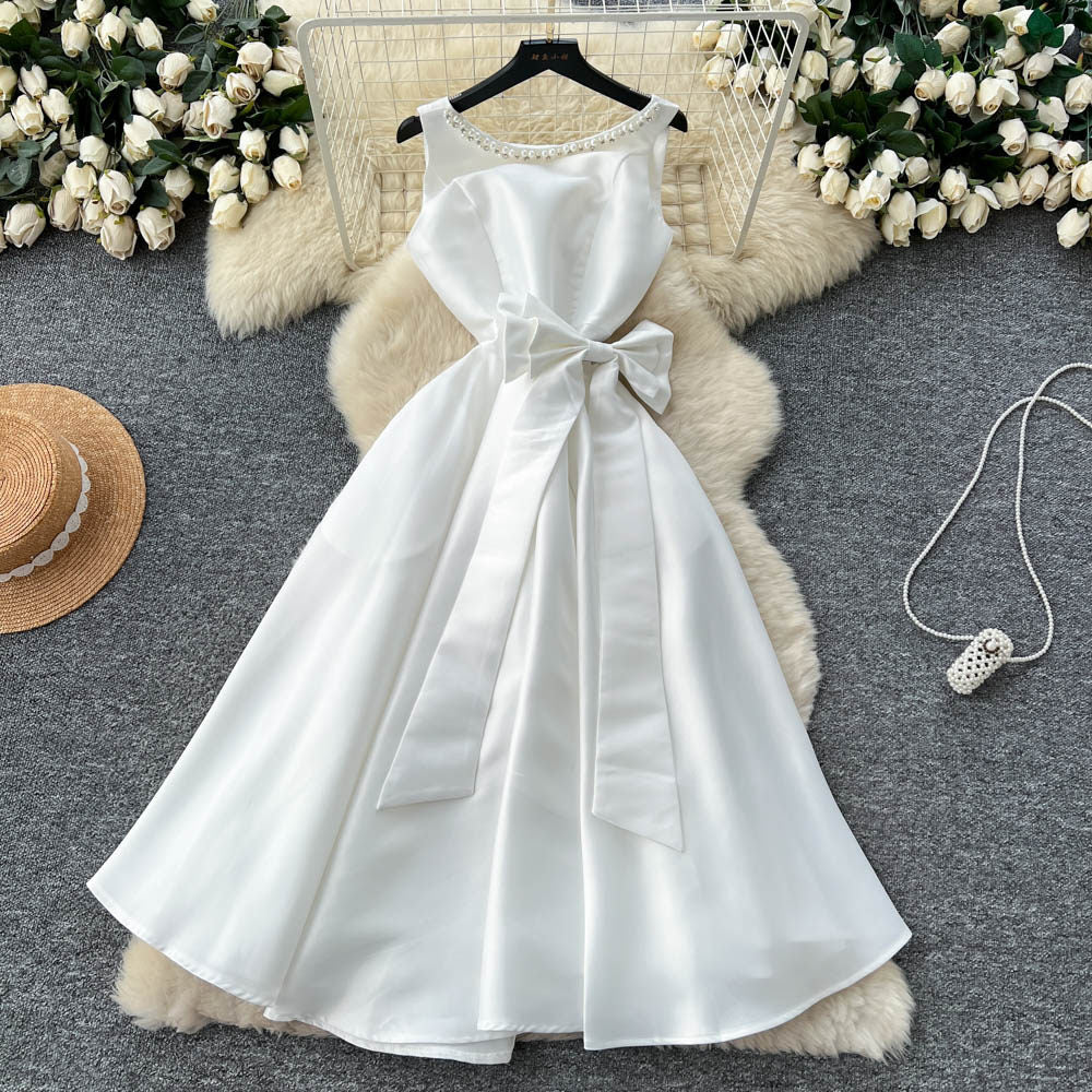 CM-DY065496 Women Elegant European Style Rhinestone Decor Round Neck Sleeveless High Waist Bow A-Line Dress (Available in 4 colors)