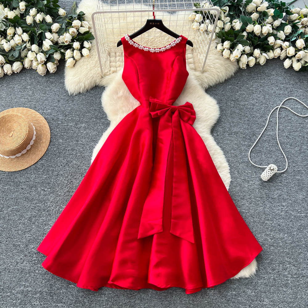 CM-DY065496 Women Elegant European Style Rhinestone Decor Round Neck Sleeveless High Waist Bow A-Line Dress (Available in 4 colors)