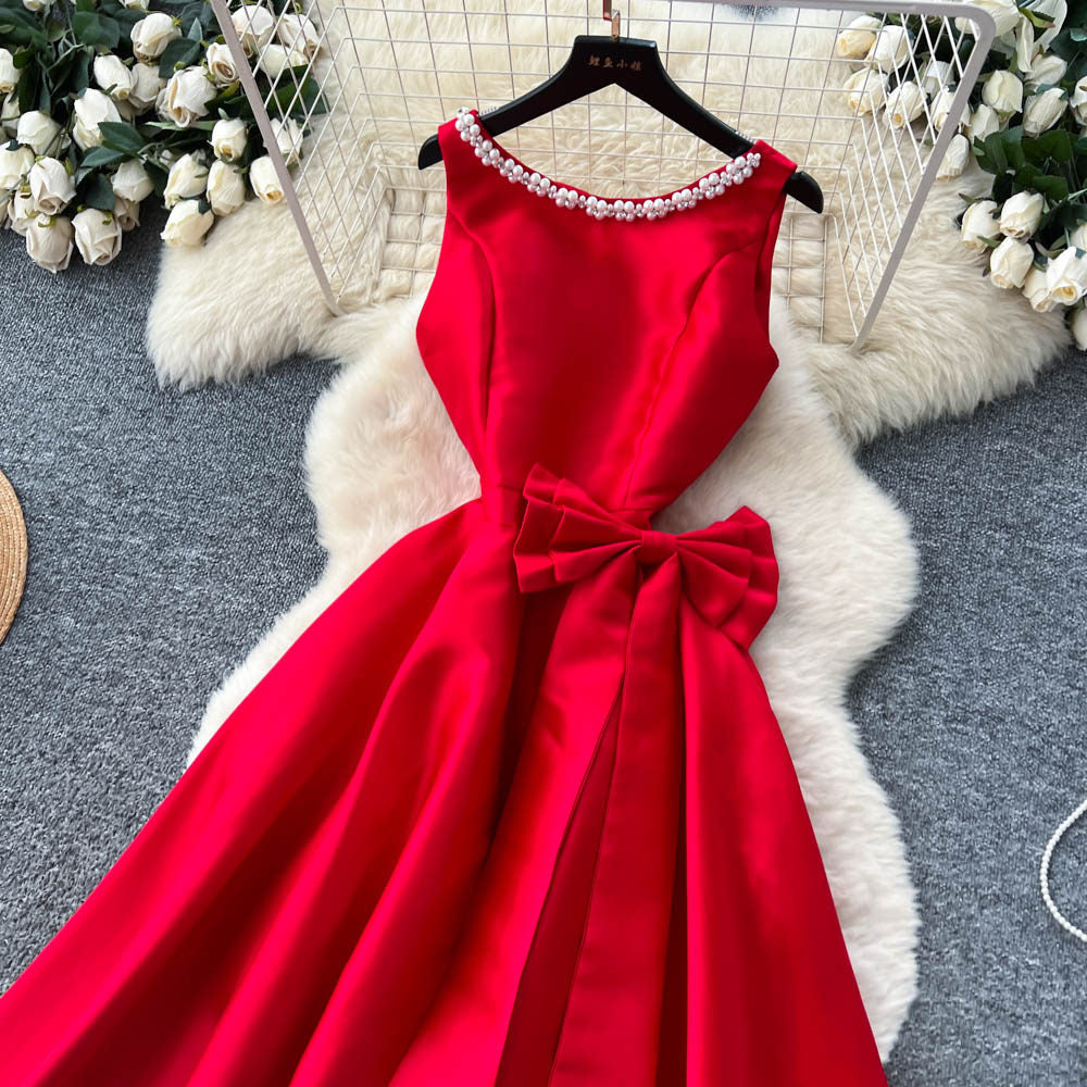 CM-DY065496 Women Elegant European Style Rhinestone Decor Round Neck Sleeveless High Waist Bow A-Line Dress (Available in 4 colors)