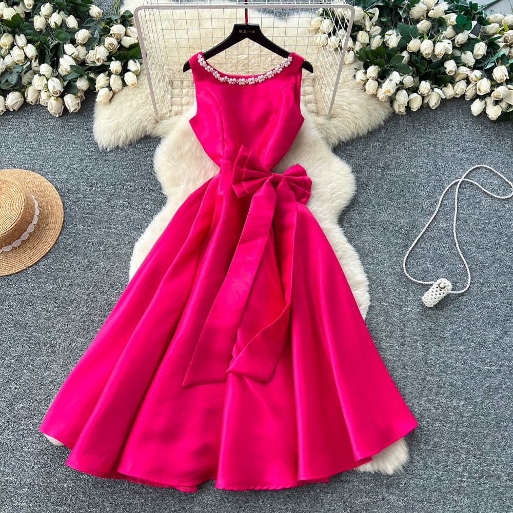 CM-DY065496 Women Elegant European Style Rhinestone Decor Round Neck Sleeveless High Waist Bow A-Line Dress (Available in 4 colors)