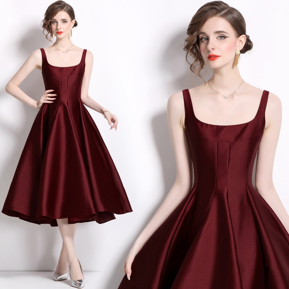 CM-DY065645 Women Elegant European Style Square Collar Sleeveless Pinched Waist A-Line Dress - Dark Red