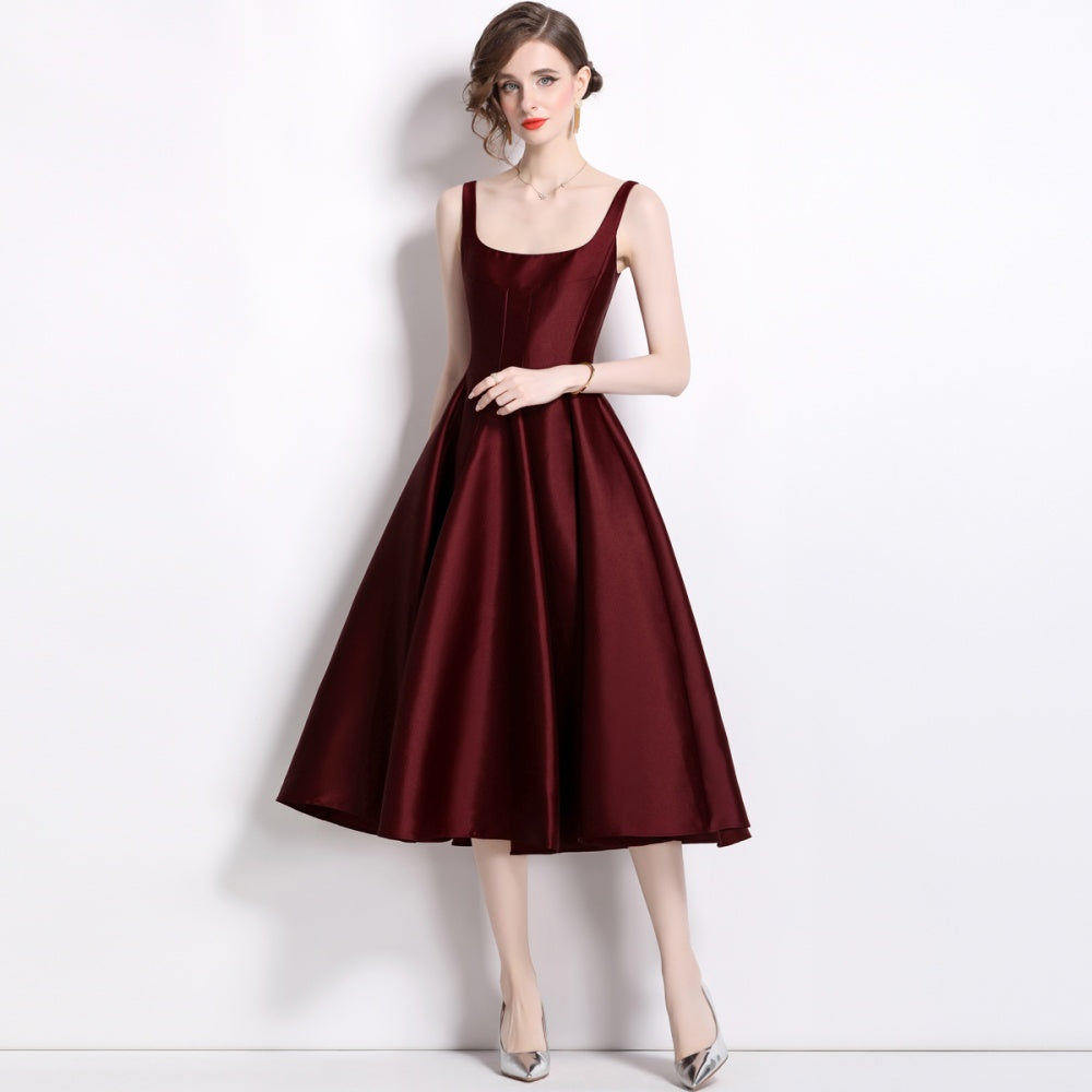 CM-DY065645 Women Elegant European Style Square Collar Sleeveless Pinched Waist A-Line Dress - Dark Red
