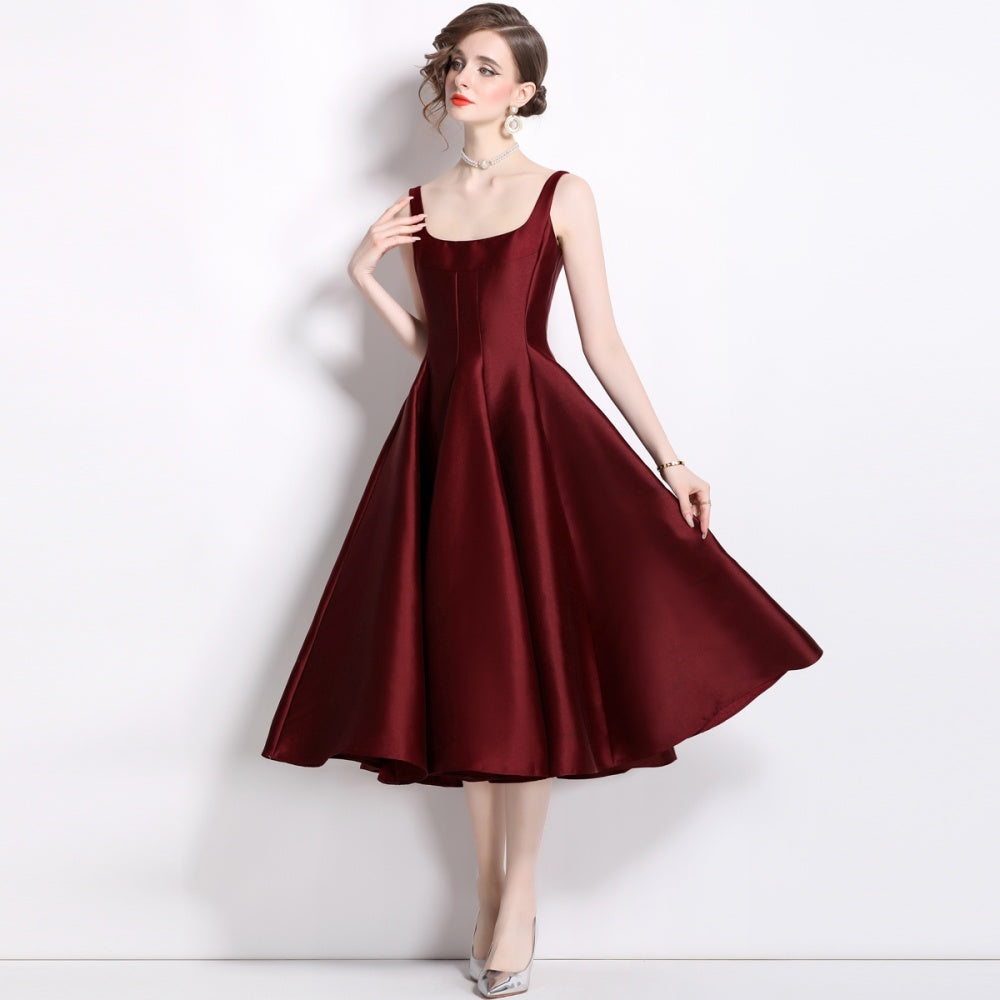 CM-DY065645 Women Elegant European Style Square Collar Sleeveless Pinched Waist A-Line Dress - Dark Red