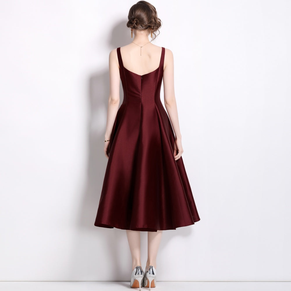 CM-DY065645 Women Elegant European Style Square Collar Sleeveless Pinched Waist A-Line Dress - Dark Red