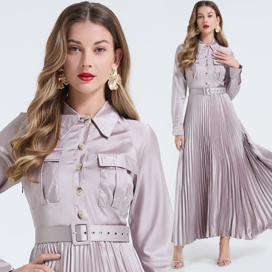 CM-DY065815 Women Elegant European Style Shirt Collar Long Sleeve Pinched Waist Dress - Light Gray