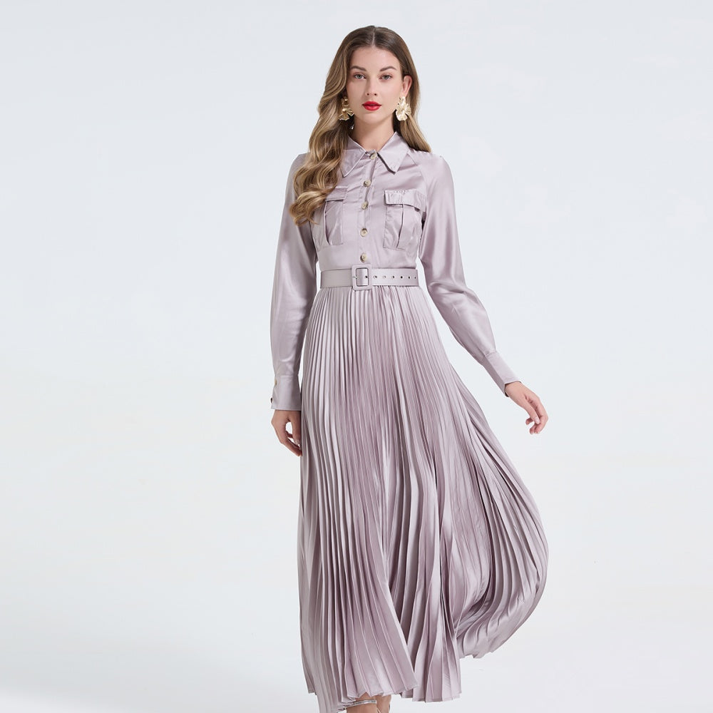 CM-DY065815 Women Elegant European Style Shirt Collar Long Sleeve Pinched Waist Dress - Light Gray