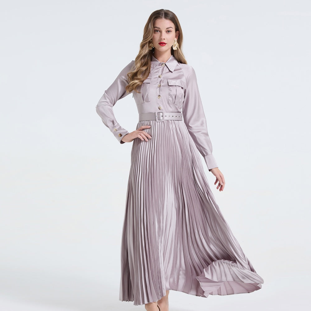 CM-DY065815 Women Elegant European Style Shirt Collar Long Sleeve Pinched Waist Dress - Light Gray