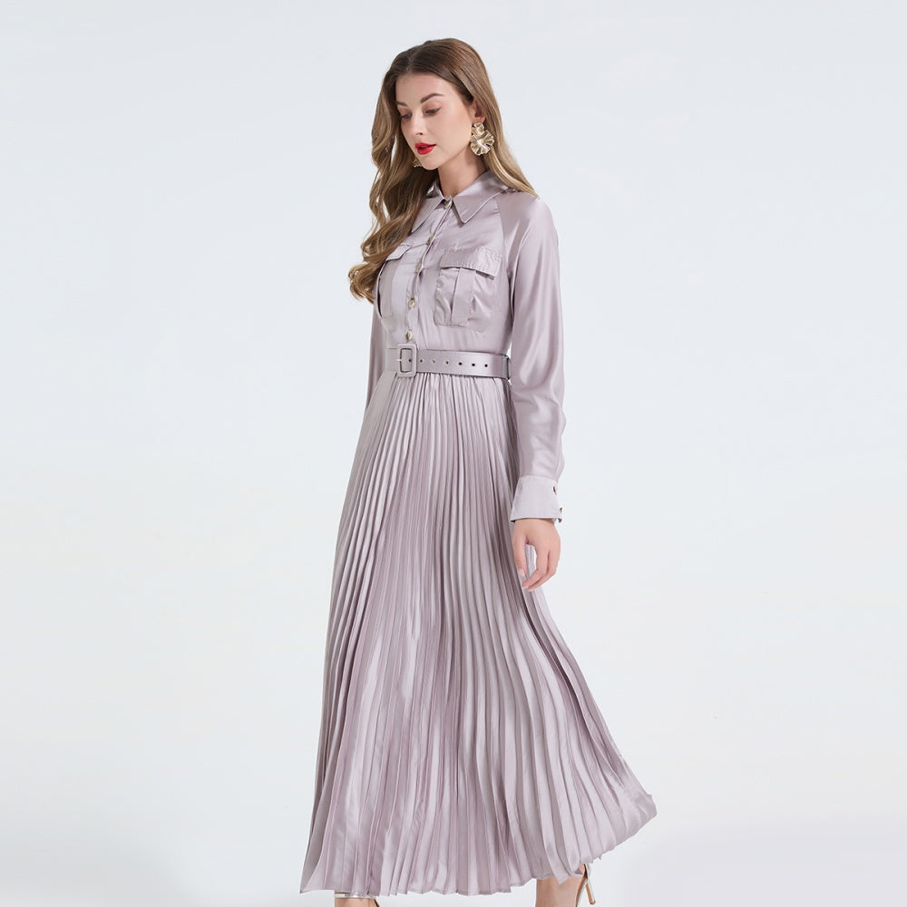 CM-DY065815 Women Elegant European Style Shirt Collar Long Sleeve Pinched Waist Dress - Light Gray