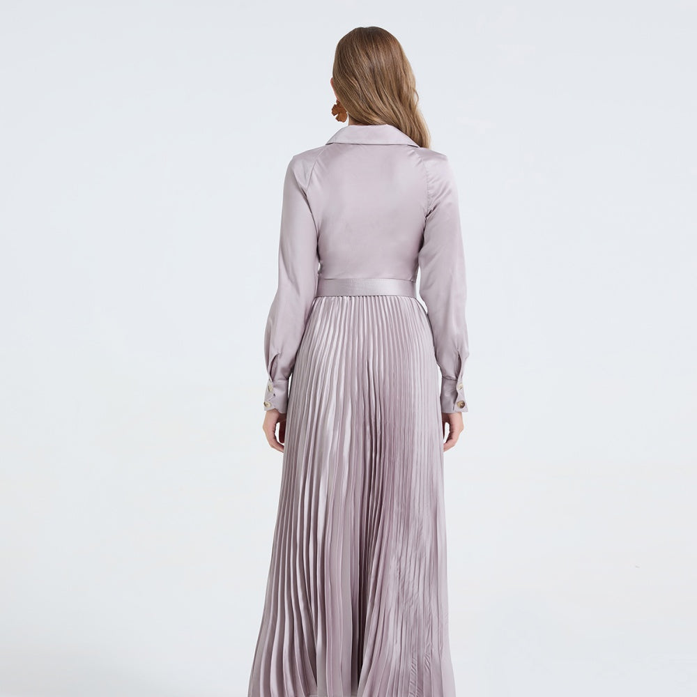 CM-DY065815 Women Elegant European Style Shirt Collar Long Sleeve Pinched Waist Dress - Light Gray