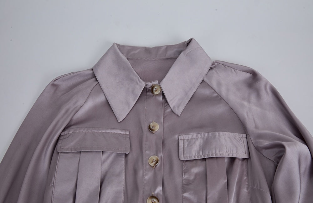 CM-DY065815 Women Elegant European Style Shirt Collar Long Sleeve Pinched Waist Dress - Light Gray
