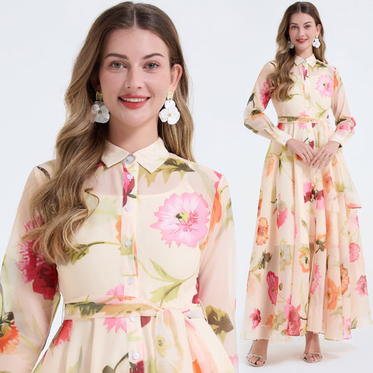 CM-DY065816 Women Elegant European Style Floral Print Collar Neckline Long Sleeve Pinched Waist Dress