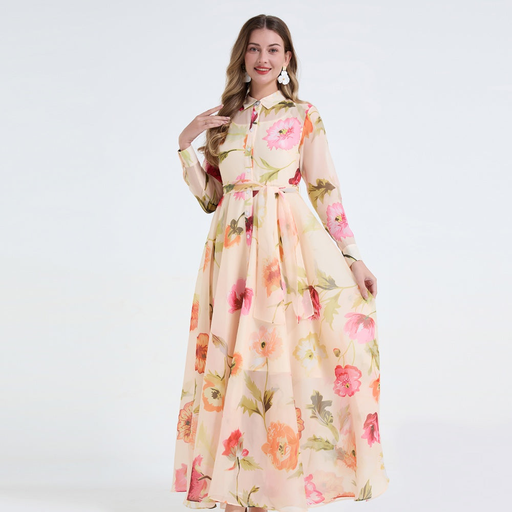 CM-DY065816 Women Elegant European Style Floral Print Collar Neckline Long Sleeve Pinched Waist Dress