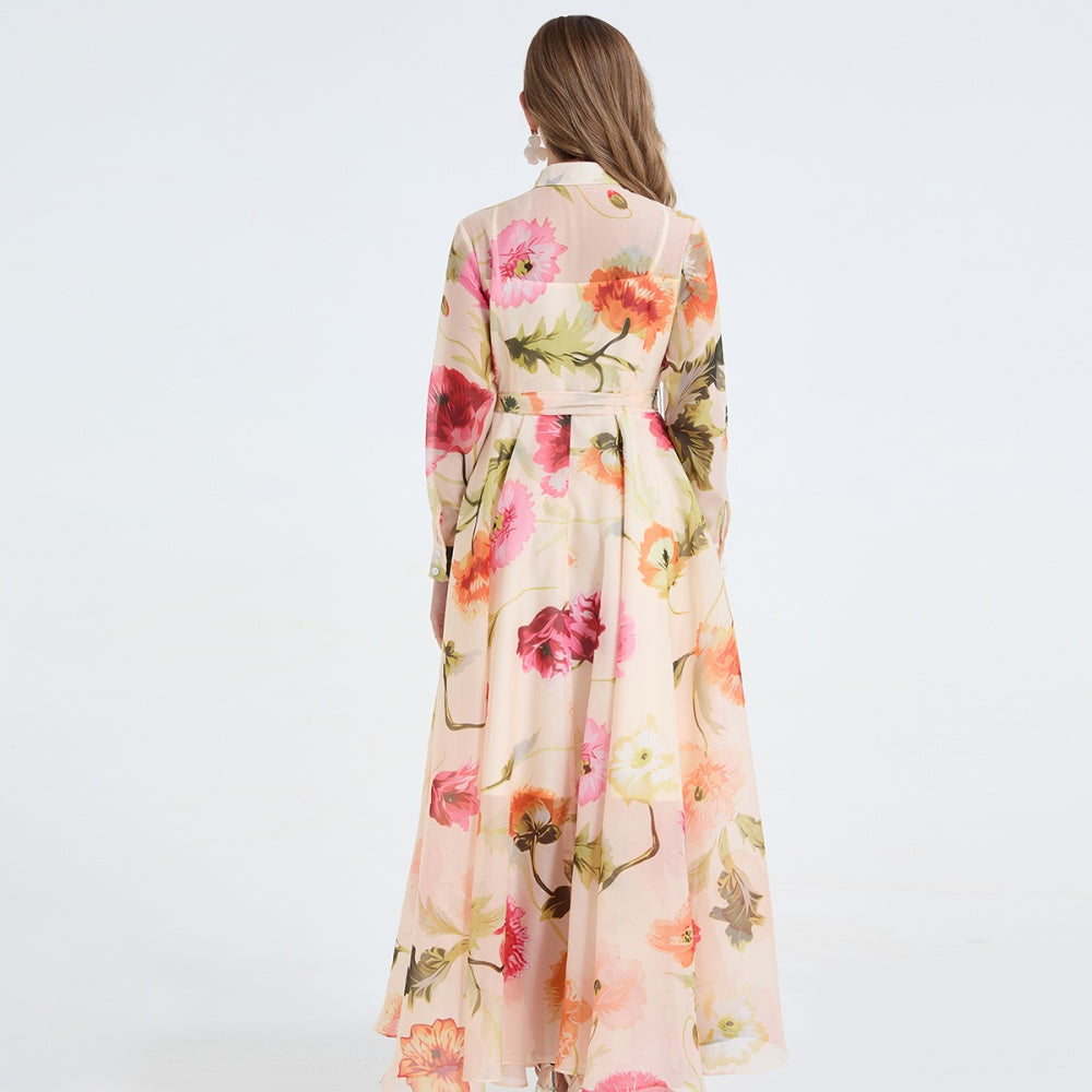 CM-DY065816 Women Elegant European Style Floral Print Collar Neckline Long Sleeve Pinched Waist Dress