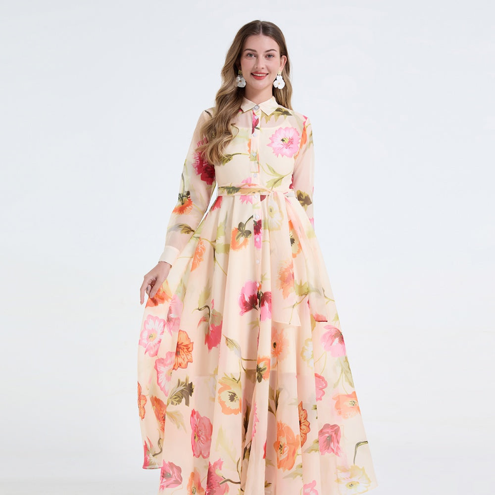 CM-DY065816 Women Elegant European Style Floral Print Collar Neckline Long Sleeve Pinched Waist Dress