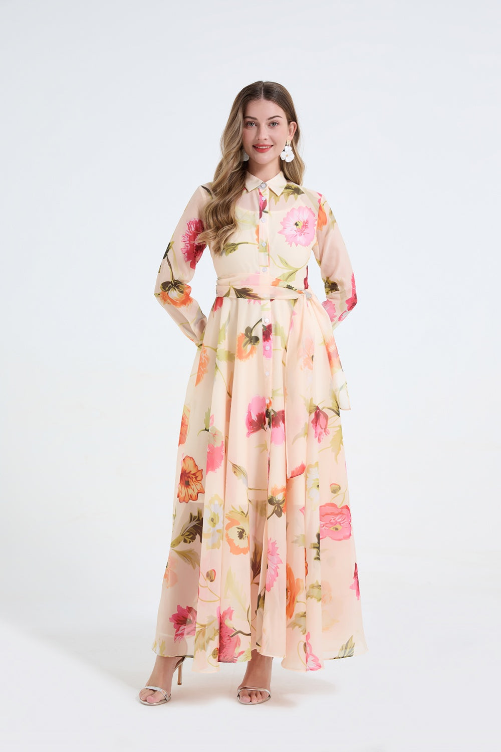 CM-DY065816 Women Elegant European Style Floral Print Collar Neckline Long Sleeve Pinched Waist Dress