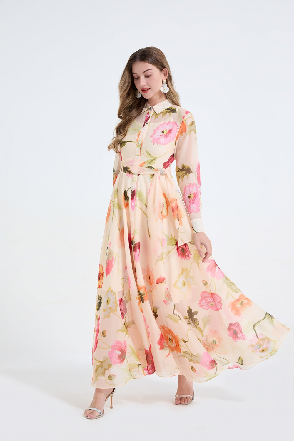 CM-DY065816 Women Elegant European Style Floral Print Collar Neckline Long Sleeve Pinched Waist Dress