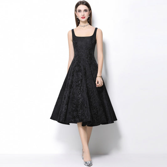 CM-DY065921 Women Elegant European Style Square Neck Sleeveless Pinched Waist Mid-Length Dress - Black