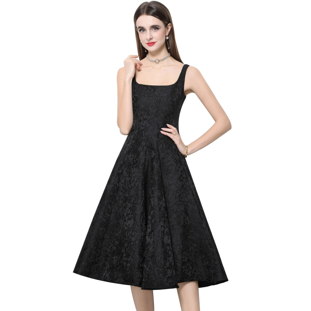 CM-DY065921 Women Elegant European Style Square Neck Sleeveless Pinched Waist Mid-Length Dress - Black