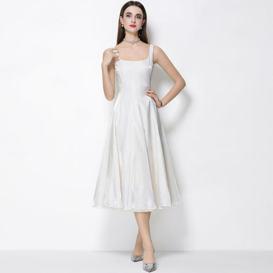 CM-DY065922 Women Elegant European Style Satin Square Neck Sleeveless High Waist A-Line Dress - Apricot