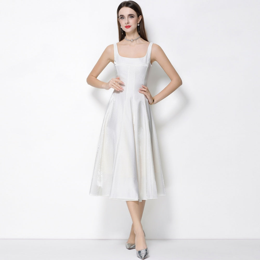 CM-DY065922 Women Elegant European Style Satin Square Neck Sleeveless High Waist A-Line Dress - Apricot