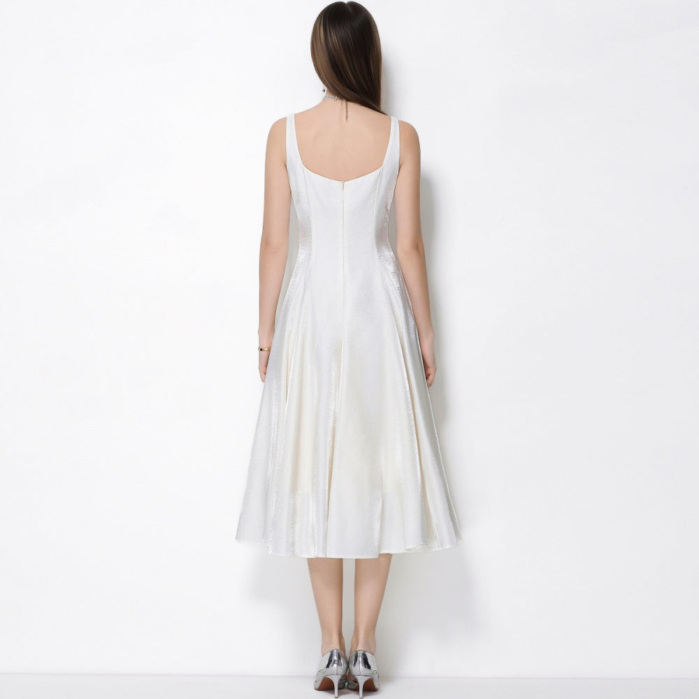 CM-DY065922 Women Elegant European Style Satin Square Neck Sleeveless High Waist A-Line Dress - Apricot