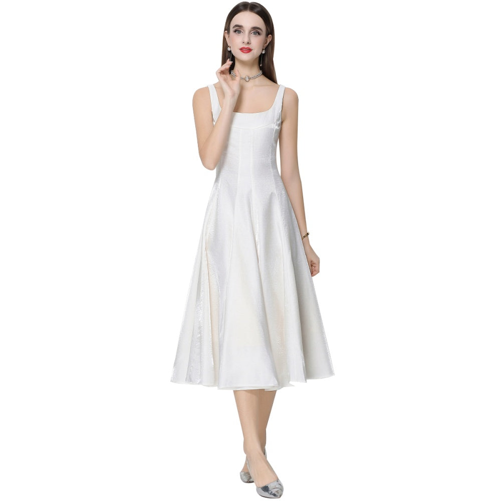 CM-DY065922 Women Elegant European Style Satin Square Neck Sleeveless High Waist A-Line Dress - Apricot