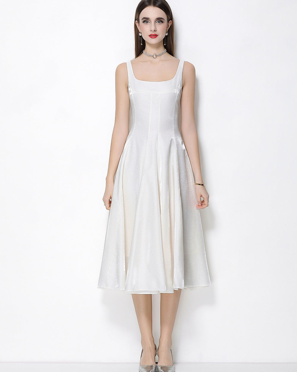 CM-DY065922 Women Elegant European Style Satin Square Neck Sleeveless High Waist A-Line Dress - Apricot