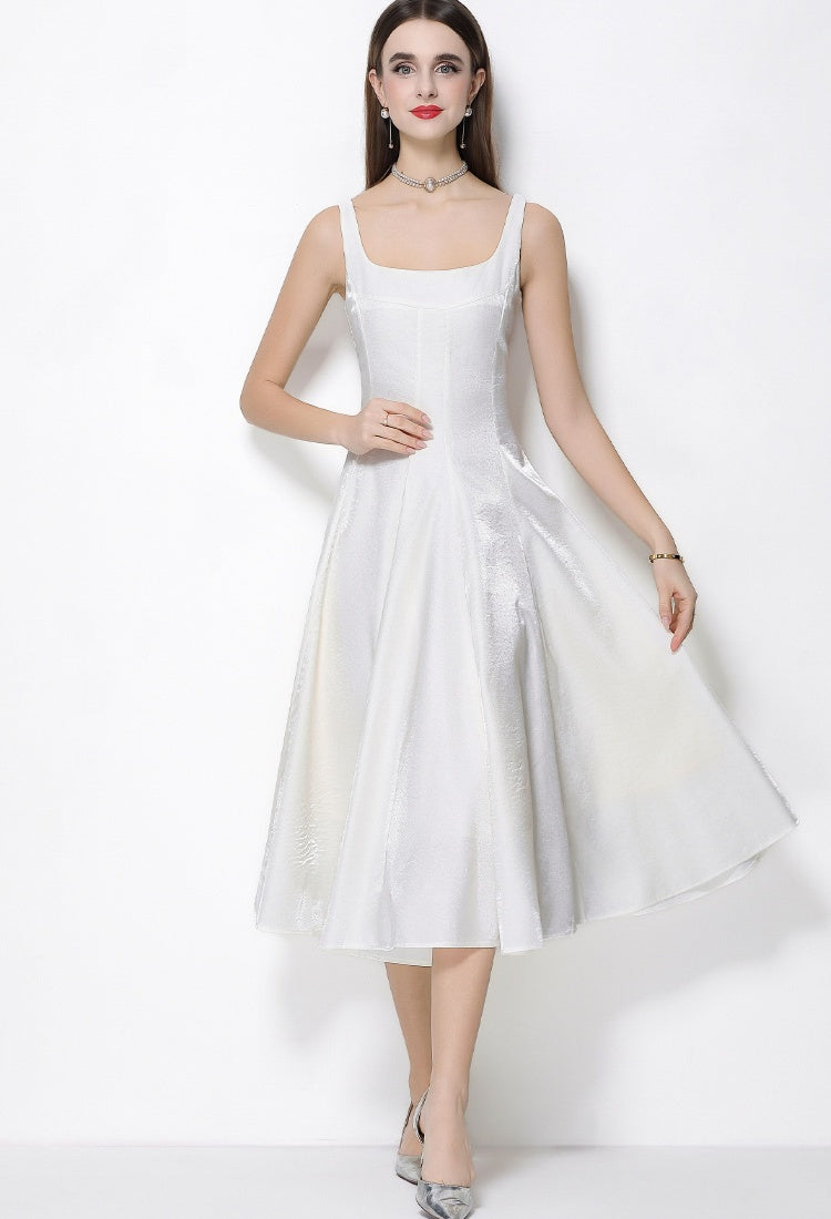 CM-DY065922 Women Elegant European Style Satin Square Neck Sleeveless High Waist A-Line Dress - Apricot
