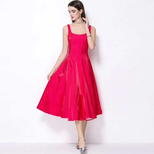 CM-DY065923 Women Elegant European Style Satin Square Neck Sleeveless High Waist A-Line Dress - Rose Red